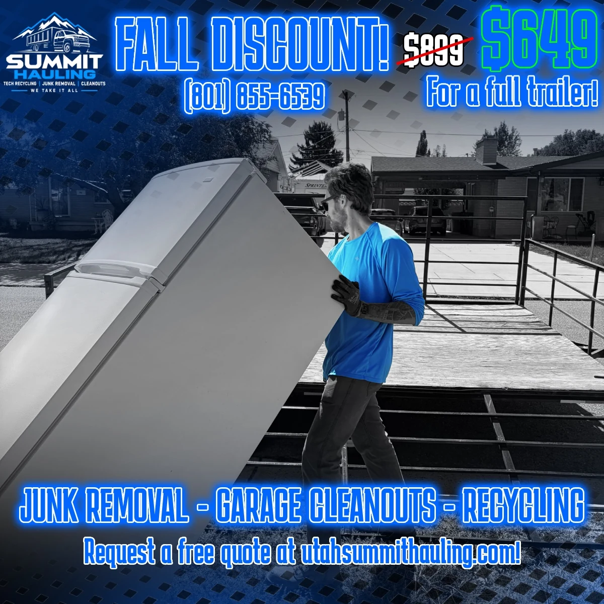 Summit Hauling fall discount promotion showing a crew member loading a refrigerator